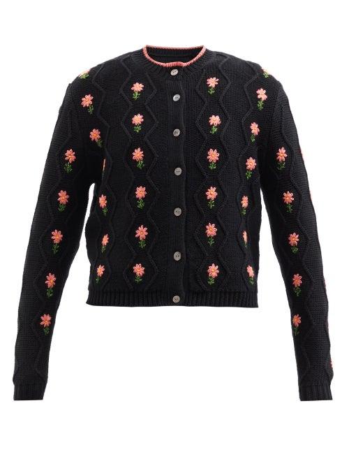 Shrimps - Bennett Embroidered Wool-blend Cable-knit Cardigan - Womens - Black Multi