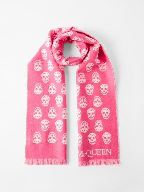 Alexander Mcqueen - Skull-jacquard Fringed Wool Scarf - Womens - Pink