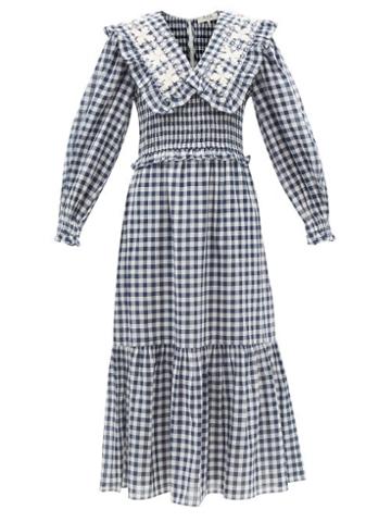 Ladies Rtw Sea - Gina Ruffled-collar Gingham Cotton Midi Dress - Womens - Navy Print