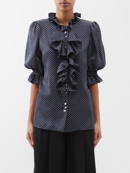 Alexandre Vauthier - Ruffle-trim Polka-dot Silk Blouse - Womens - Blue White