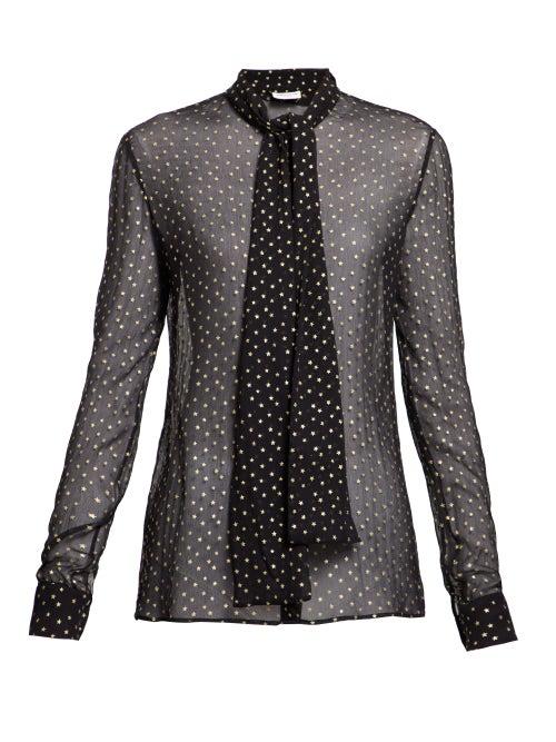 Matchesfashion.com Saint Laurent - Star Print Pussy Bow Crepe Blouse - Womens - Black