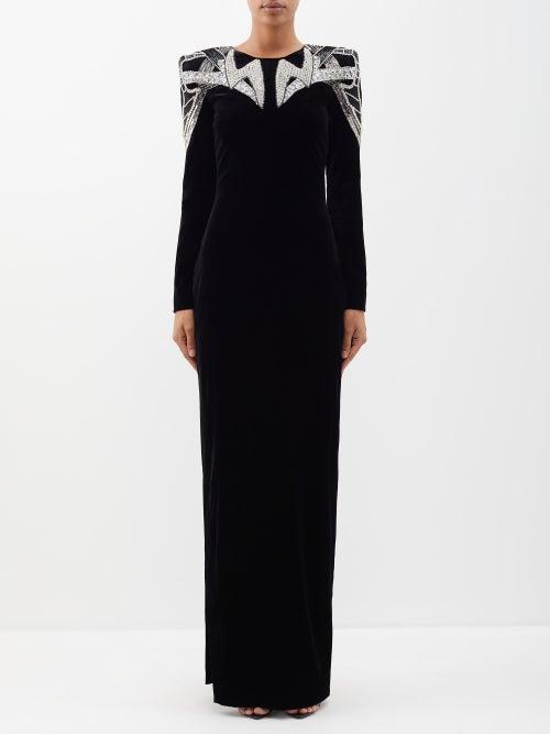 Balmain - Crystal-embellished Velvet Gown - Womens - Black Multi