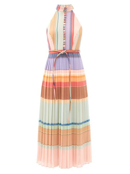 Matchesfashion.com Zimmermann - Halterneck Striped Pleated Crepe Midi Dress - Womens - Multi