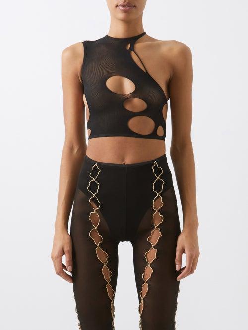 Rui - Asymmetric Cutout Mesh Crop Top - Womens - Black
