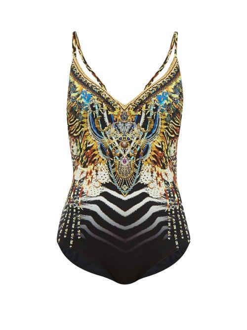 Matchesfashion.com Camilla - Lost Paradise Underwater Print V Neck Swimsuit - Womens - Black Multi