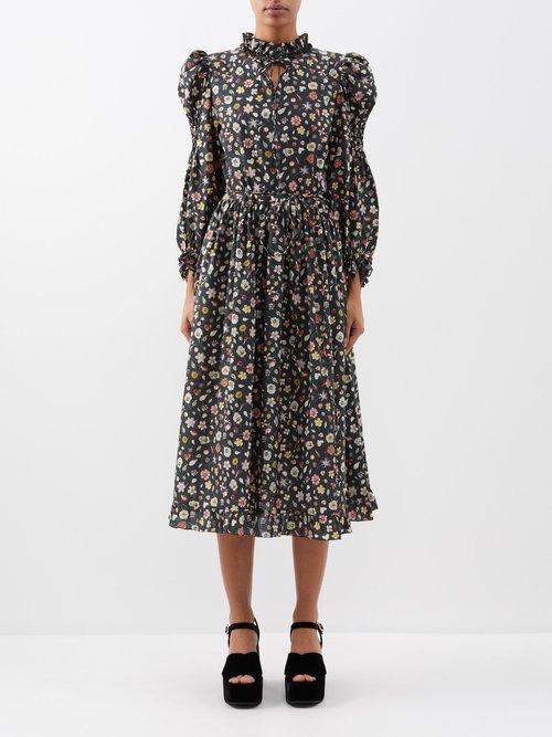 Horror Vacui - Yuzuki Puffed-sleeve Floral-print Cotton Dress - Womens - Black Multi