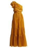 Matchesfashion.com Johanna Ortiz - Daydream Asymmetric Tiered Silk Muslin Gown - Womens - Yellow