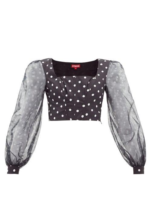 Matchesfashion.com Staud - Balloon-sleeve Polka-dot Cotton-blend Cropped Top - Womens - Black White