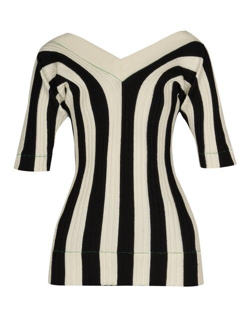 Bottega Veneta - Striped V-neck Ribbed Top - Womens - Black Stripe