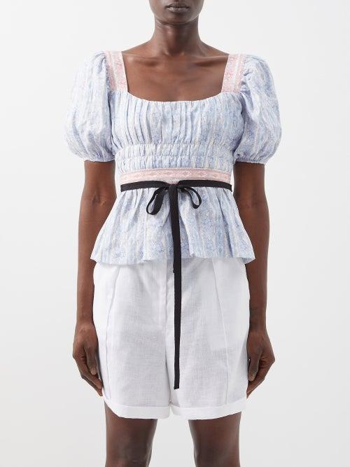 Lug Von Siga - Monica Gathered Floral Linen-voile Top - Womens - Blue Pink
