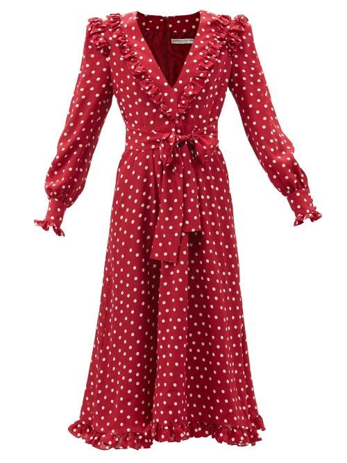 Alessandra Rich - Padded-shoulder Polka-dot Silk-crepe Wrap Dress - Womens - Red White