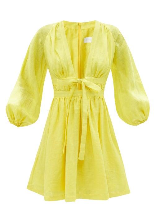 Ladies Beachwear Zimmermann - Shelly Plunge-neckline Linen Mini Dress - Womens - Yellow