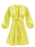 Ladies Beachwear Zimmermann - Shelly Plunge-neckline Linen Mini Dress - Womens - Yellow