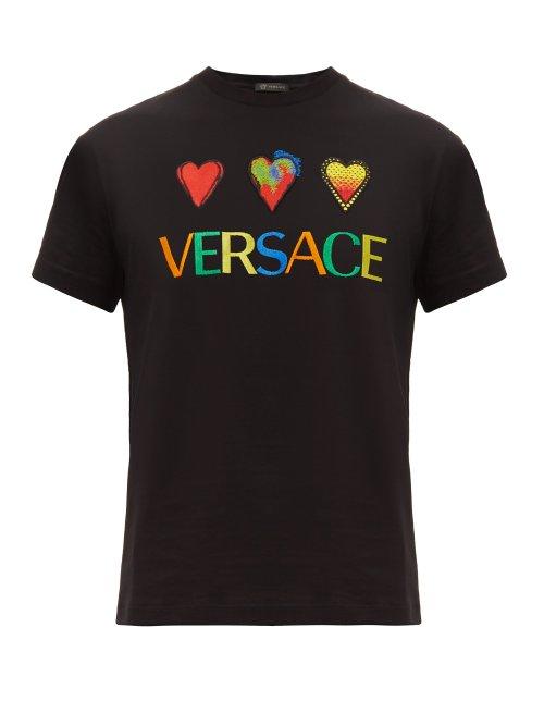 Matchesfashion.com Versace - Embroidered Logo And Heart Cotton T Shirt - Mens - Black