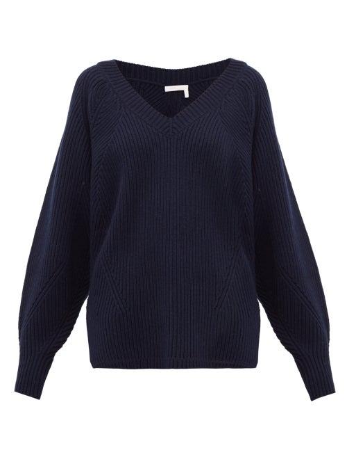 Matchesfashion.com See By Chlo - V Neck Ribbed Wool Blend Sweater - Womens - Navy