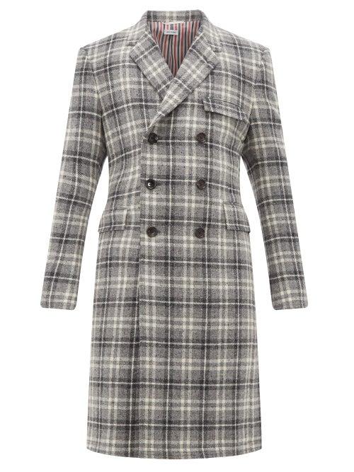 Matchesfashion.com Thom Browne - Tartan Double Breasted Wool Coat - Mens - Grey