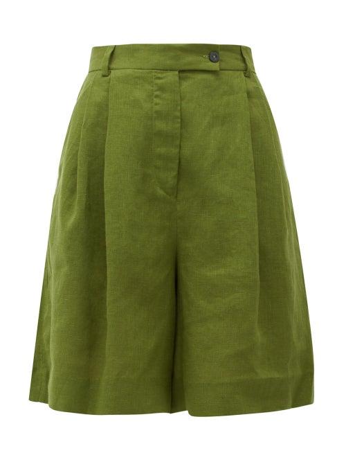 Matchesfashion.com Emilia Wickstead - Reggie High-rise Pleated Linen Shorts - Womens - Khaki