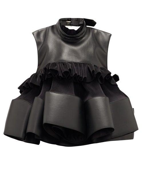 Matchesfashion.com Noir Kei Ninomiya - Buckled Pliss-crepe And Faux-leather Top - Womens - Black