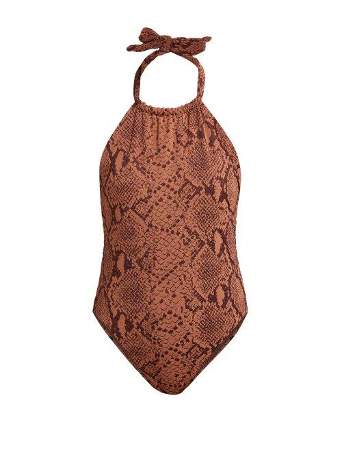 Matchesfashion.com Mara Hoffman - Dominique Snake Print Halterneck Swimsuit - Womens - Brown