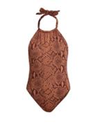 Matchesfashion.com Mara Hoffman - Dominique Snake Print Halterneck Swimsuit - Womens - Brown