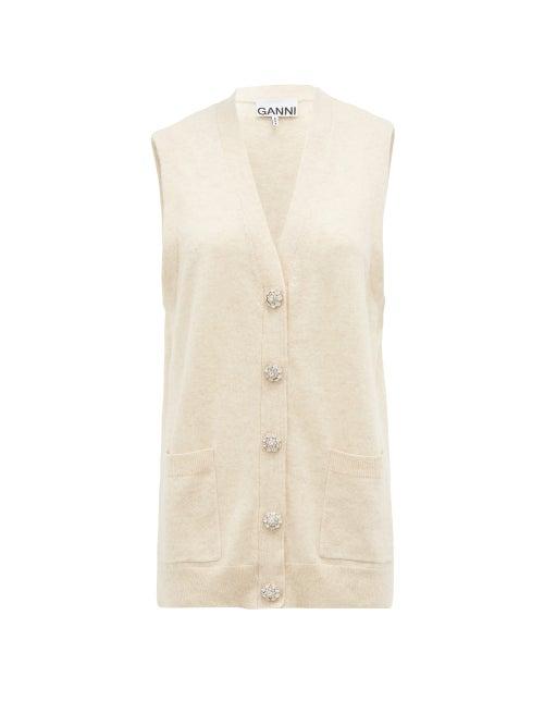 Matchesfashion.com Ganni - Crystal-button Longline Sleeveless Cardigan - Womens - Ivory