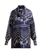 Matchesfashion.com Valentino - Logo Print Cowl Neck Silk Satin Blouse - Womens - Navy White