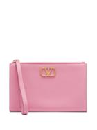 Valentino Garavani - V-logo Grained-leather Pouch - Womens - Pink