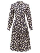 Matchesfashion.com Chlo - Belted Pintucked Floral-print Silk Shirt Dress - Womens - Dark Blue