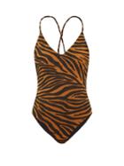 Matchesfashion.com Mara Hoffman - Emma Tiger-jacquard V-neck Swimsuit - Womens - Brown Print
