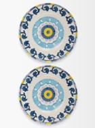 Emporio Sirenuse - Set Of Two Swirl Circle Painted Ceramic Plates - White Blue