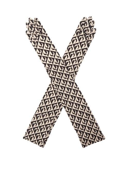 Ladies Accessories Marine Serre - Moon Lozenge-print Jersey Gloves - Womens - Tan Multi