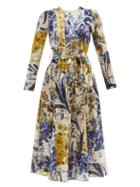 Matchesfashion.com Zimmermann - Aliane Patchwork Floral-print Linen Midi Dress - Womens - Blue Multi