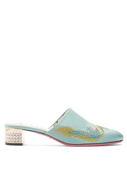 Matchesfashion.com Gucci - Crystal Embellished Embroidered Satin Mules - Womens - Green Multi