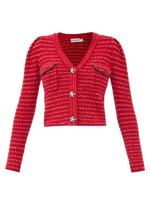 Matchesfashion.com Self-portrait - Crystal-button Wool-blend Cropped Cardigan - Womens - Red