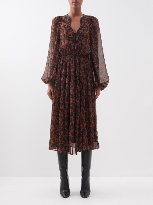 La Ligne - Balloon-sleeve Floral-print Silk Midi Dress - Womens - Rust