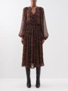La Ligne - Balloon-sleeve Floral-print Silk Midi Dress - Womens - Rust