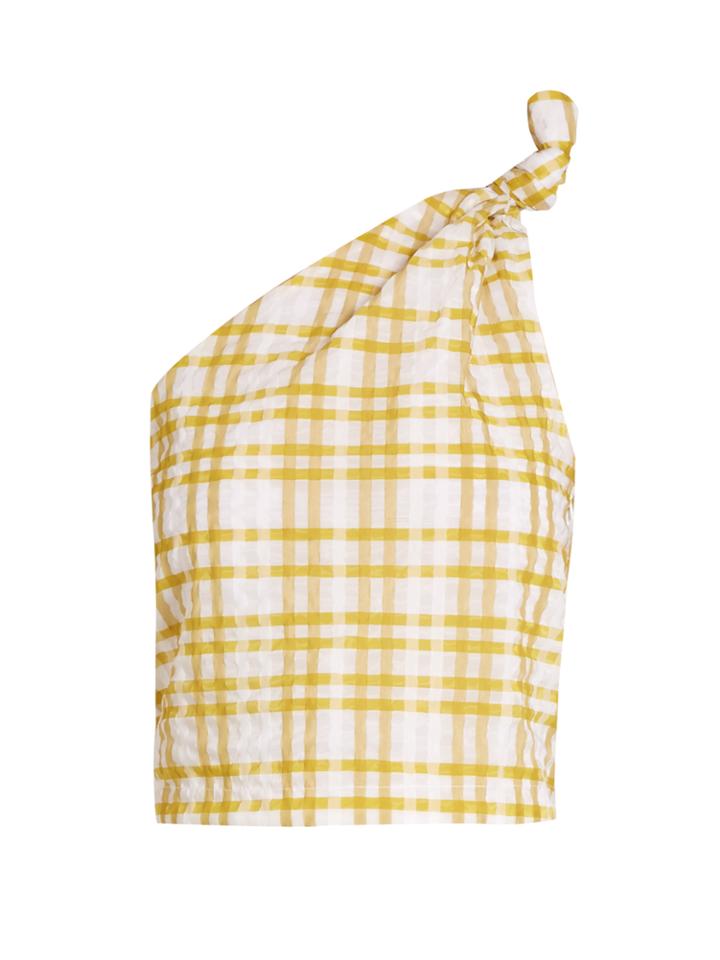 Rosie Assoulin One-shoulder Checked-seersucker Top
