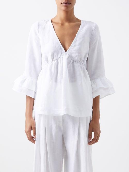 Casa Raki - Katerina Fluted-cuff Organic-linen Voile Blouse - Womens - Optical White