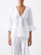 Casa Raki - Katerina Fluted-cuff Organic-linen Voile Blouse - Womens - Optical White