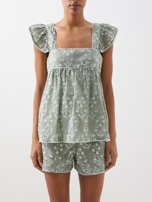 Juliet Dunn - Floral-print Square-neck Cotton Baby Doll Top - Womens - Sage