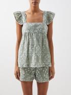 Juliet Dunn - Floral-print Square-neck Cotton Baby Doll Top - Womens - Sage