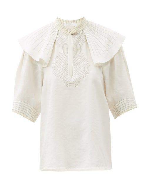 Matchesfashion.com Chlo - Shoulder-ruffle Silk-blend Poplin Blouse - Womens - White