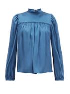Matchesfashion.com Rochas - Ruffled Silk Satin Blouse - Womens - Blue