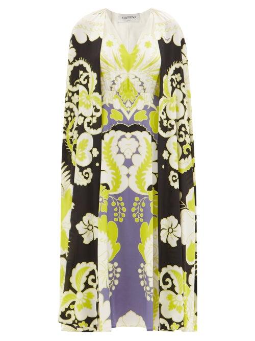 Matchesfashion.com Valentino - World Arazzo-print Cape Silk Midi Dress - Womens - Green Print