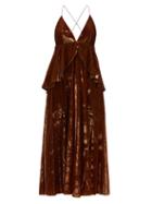 Matchesfashion.com Franoise - Peplum Waist Tinsel Velvet Midi Dress - Womens - Brown