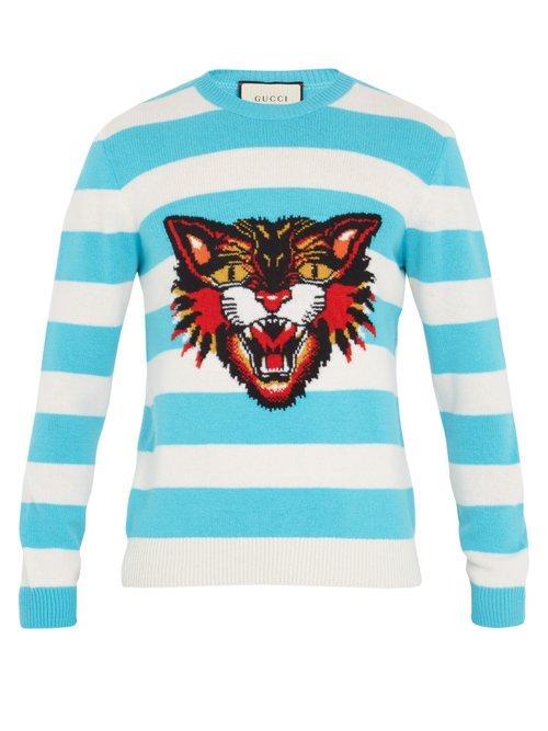 Matchesfashion.com Gucci - Angry Cat Intarsia Striped Wool Sweater - Mens - White Multi