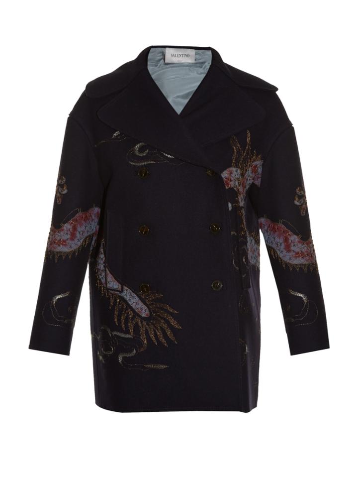 Valentino Dragon-embroidered Raw-edge Pea Coat
