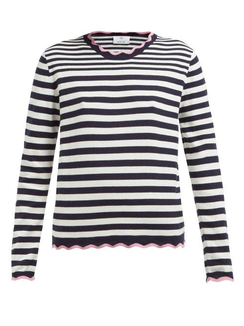 Matchesfashion.com Allude - Scalloped Trim Striped Cotton Sweater - Womens - Navy Stripe