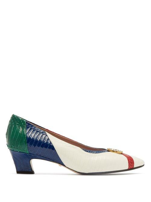 Matchesfashion.com Gucci - Axel Gg Snake Effect Leather Pumps - Womens - White Multi