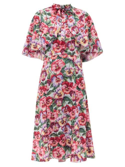 Matchesfashion.com Dolce & Gabbana - Violet-print Cape-shoulder Silk-blend Dress - Womens - Purple Print